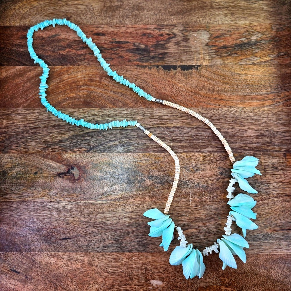 Vintage‎ Teal Aqua Sea Shell Heishi Bead Long Necklace Boho Coastal Mermaidcore